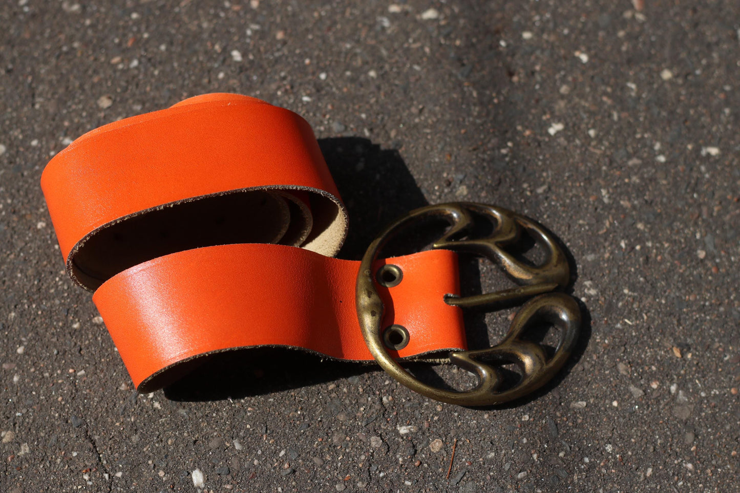 Vintage Orange Leather Belt, Wide Statement Belt, Ornate Brass Buckle, Women's Unique Accessory