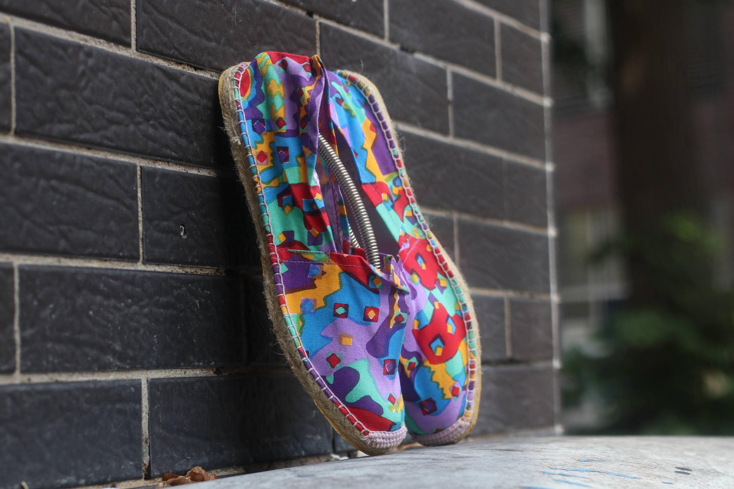 Vintage Espadrille Sandals| Women’s Colorful Geometric Print Flats | Retro Boho Slip On Canvas Shoes Size EU41| Art Print Summer Shoes
