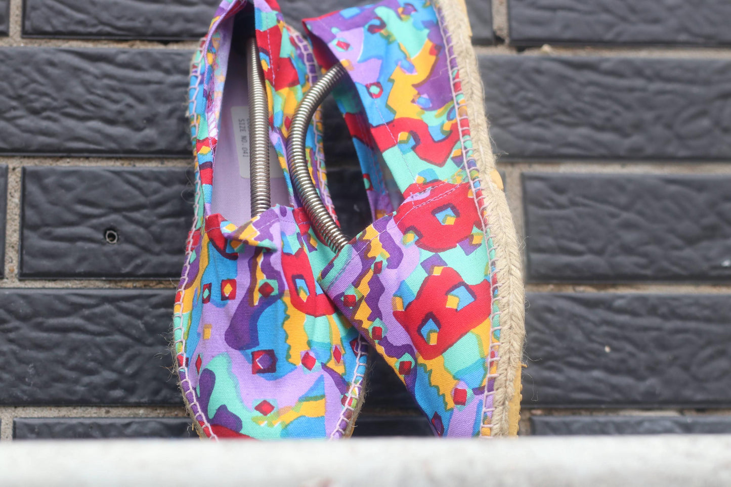 Vintage Espadrille Sandals| Women’s Colorful Geometric Print Flats | Retro Boho Slip On Canvas Shoes Size EU41| Art Print Summer Shoes