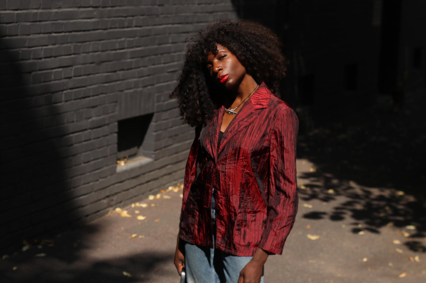 Vintage Ruby Red Blazer Shirt: 90s Crinkled Jacket Top