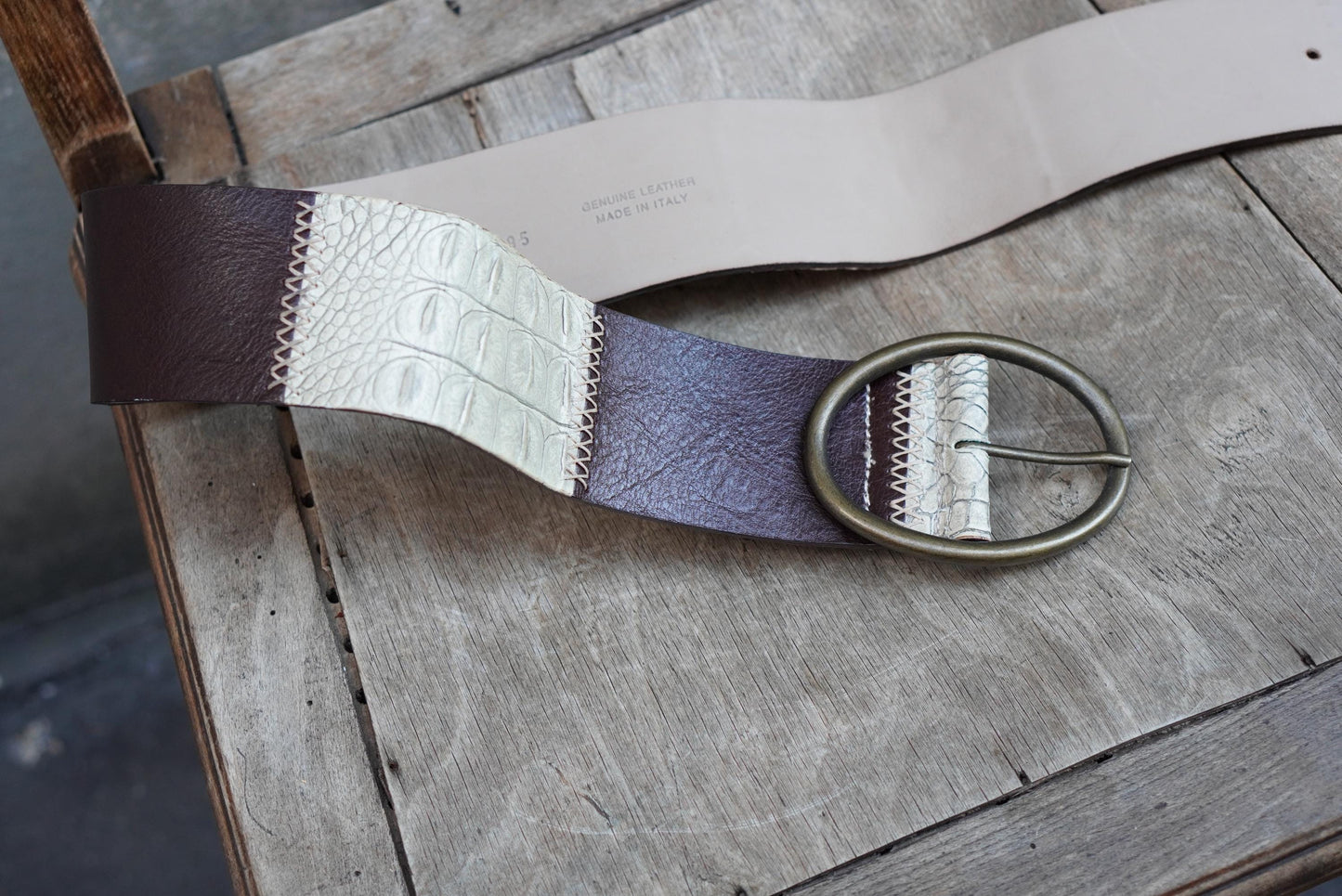 Vintage Croc Embossed Brown Leather Belt: Handmade Italian Brass Buckle