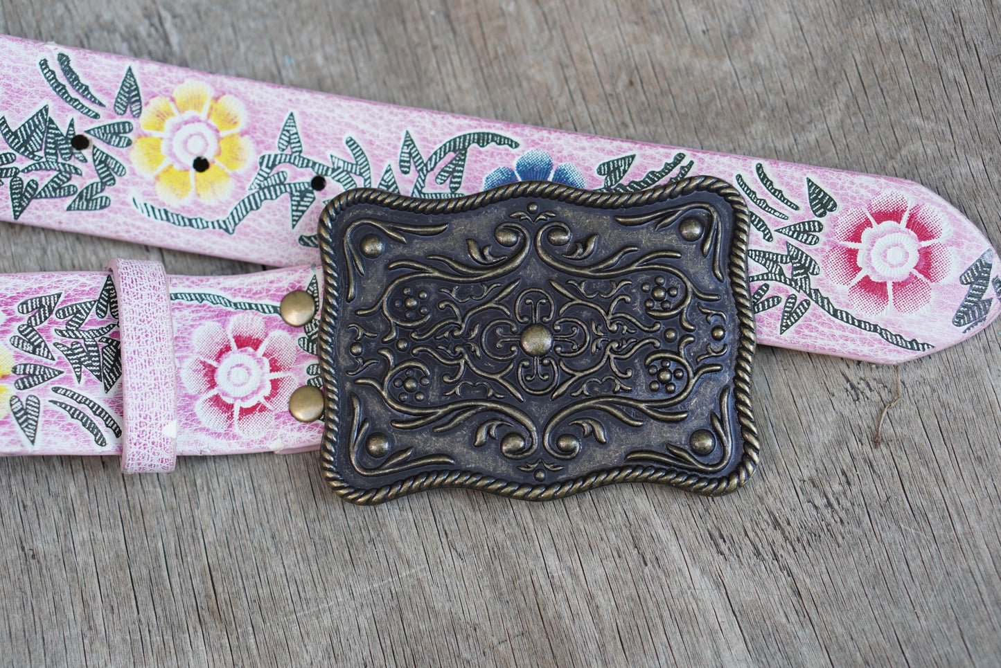 Y2K Floral Leather Belt: Hand Tooled Pink Boho Statement Belt
