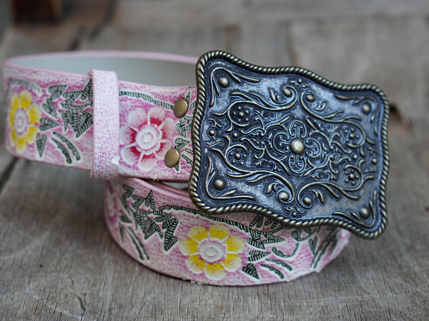 Y2K Floral Leather Belt: Hand Tooled Pink Boho Statement Belt