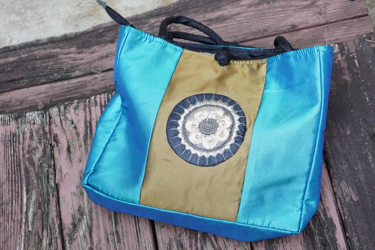 Vintage Thai Blue Gold Embroidered Shoulder Bag Zipper Tote Handbag
