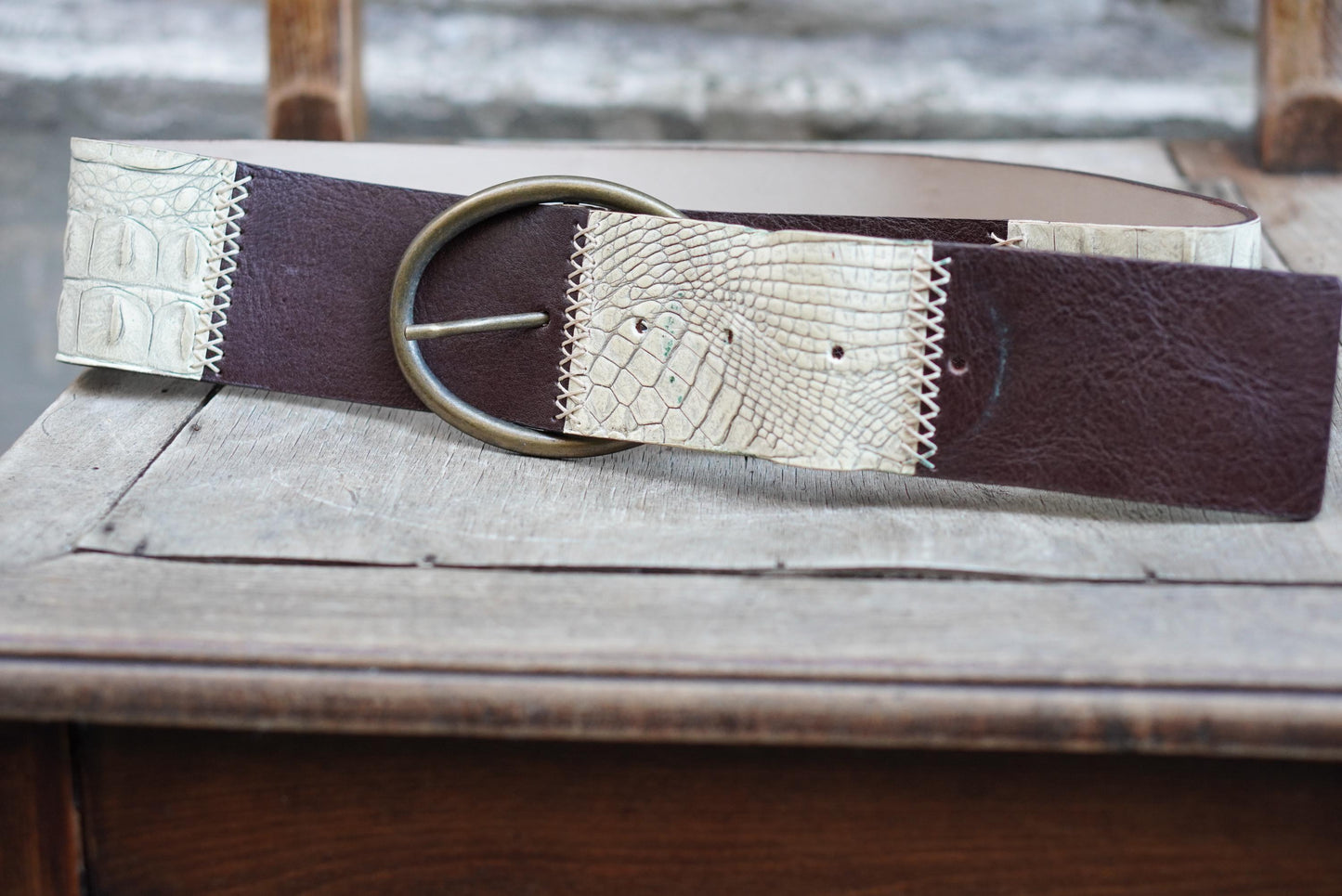 Vintage Croc Embossed Brown Leather Belt: Handmade Italian Brass Buckle
