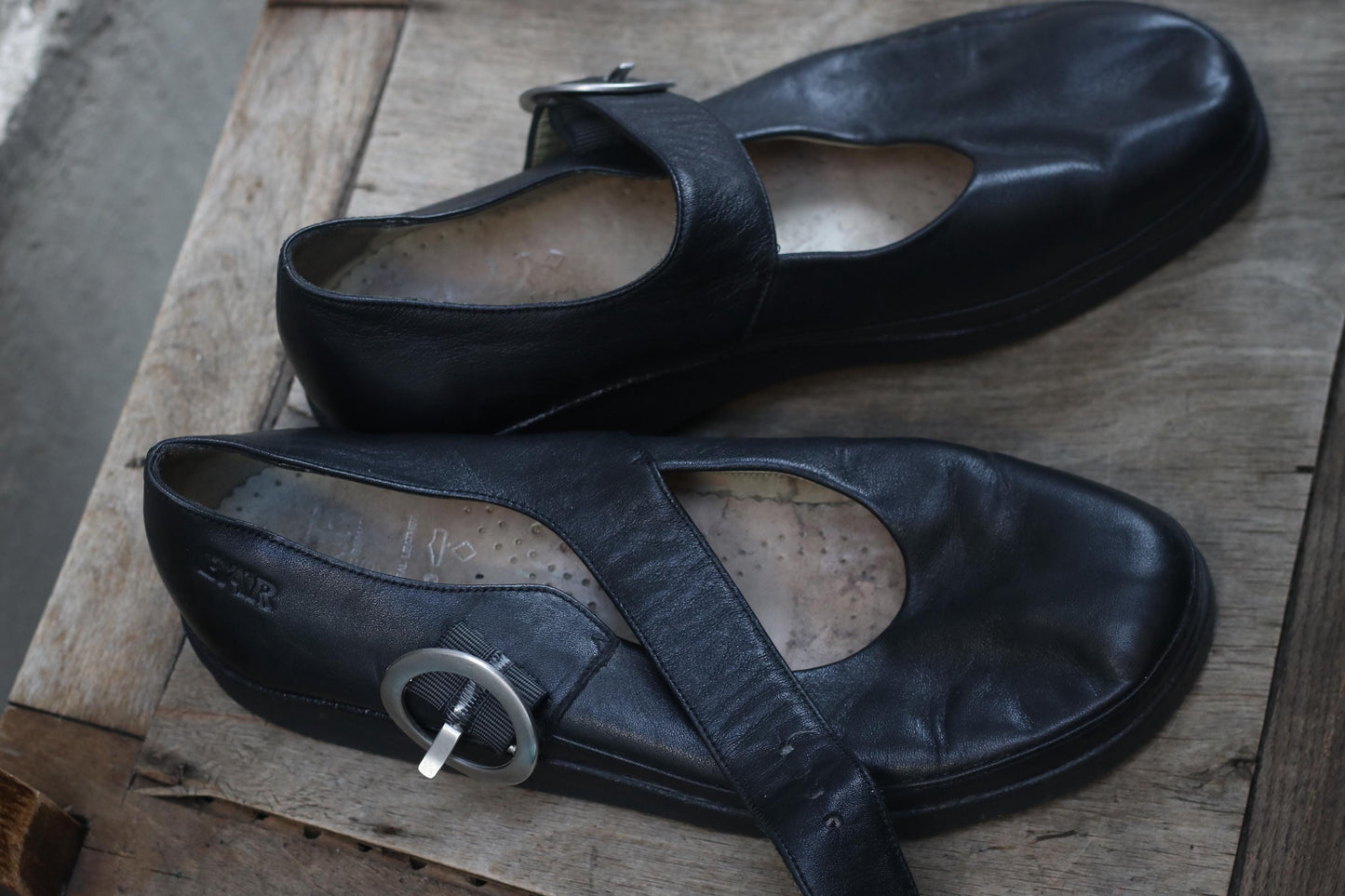 Vintage BÄR Black Leather Mary Jane Shoes Silver Buckle Strap 90s Minimalist