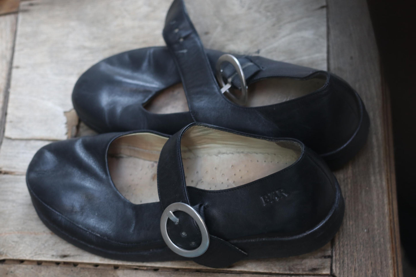 Vintage BÄR Black Leather Mary Jane Shoes Silver Buckle Strap 90s Minimalist