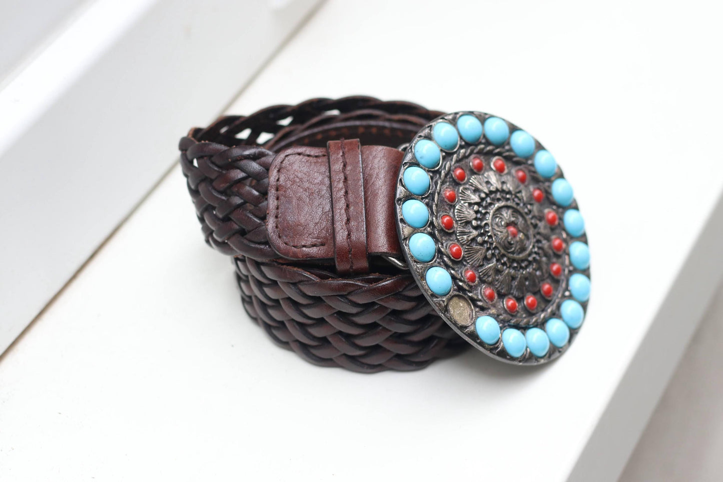 Vintage Braided Leather Belt Concho Buckle Turquoise Coral Southwestern Western