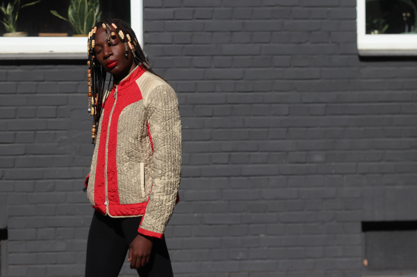 Vintage BOGNER Quilted Jacket Red Beige Baroque Pattern Ski Style Retro Zip Up
