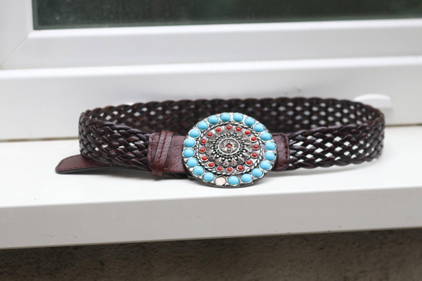 Vintage Braided Leather Belt Concho Buckle Turquoise Coral Southwestern Western