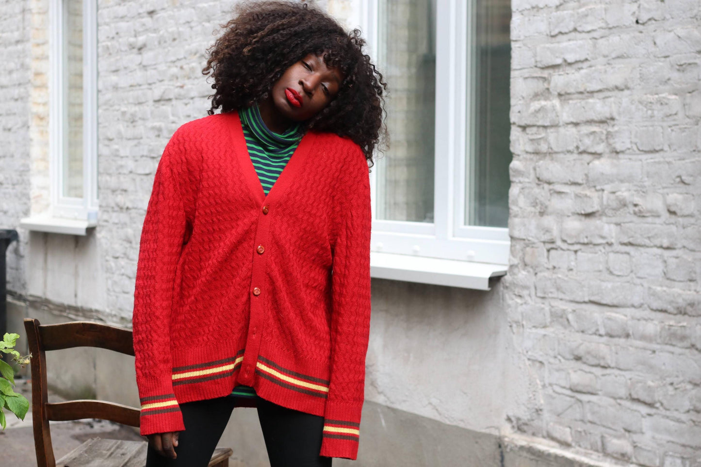 Vintage Red College Style Cardigan Sweater Textured Knit Bright Stripe