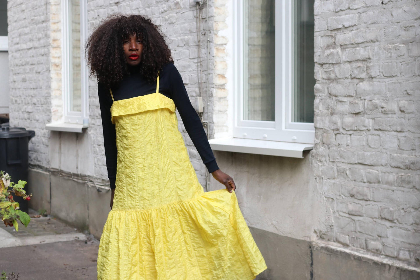 Vintage Bright Yellow Crinkle Maxi Dress Tiered Ruffle A-Line Slip S/M
