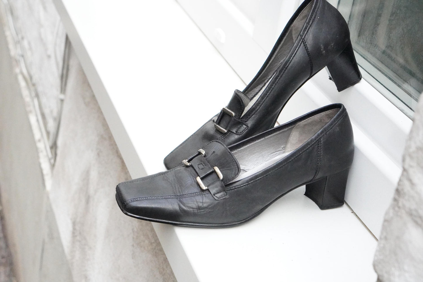 Vintage Gabor Black Leather Pumps Buckle Block Heel Classic Shoes 4.5