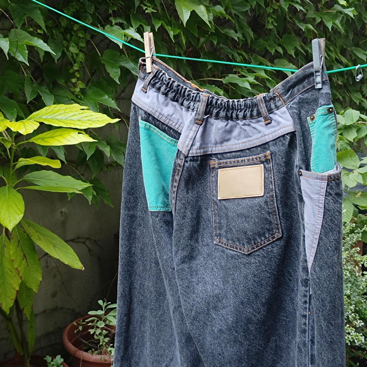 Vintage 90s Acid Wash Jeans | Upcycled Turquoise Patch Denim