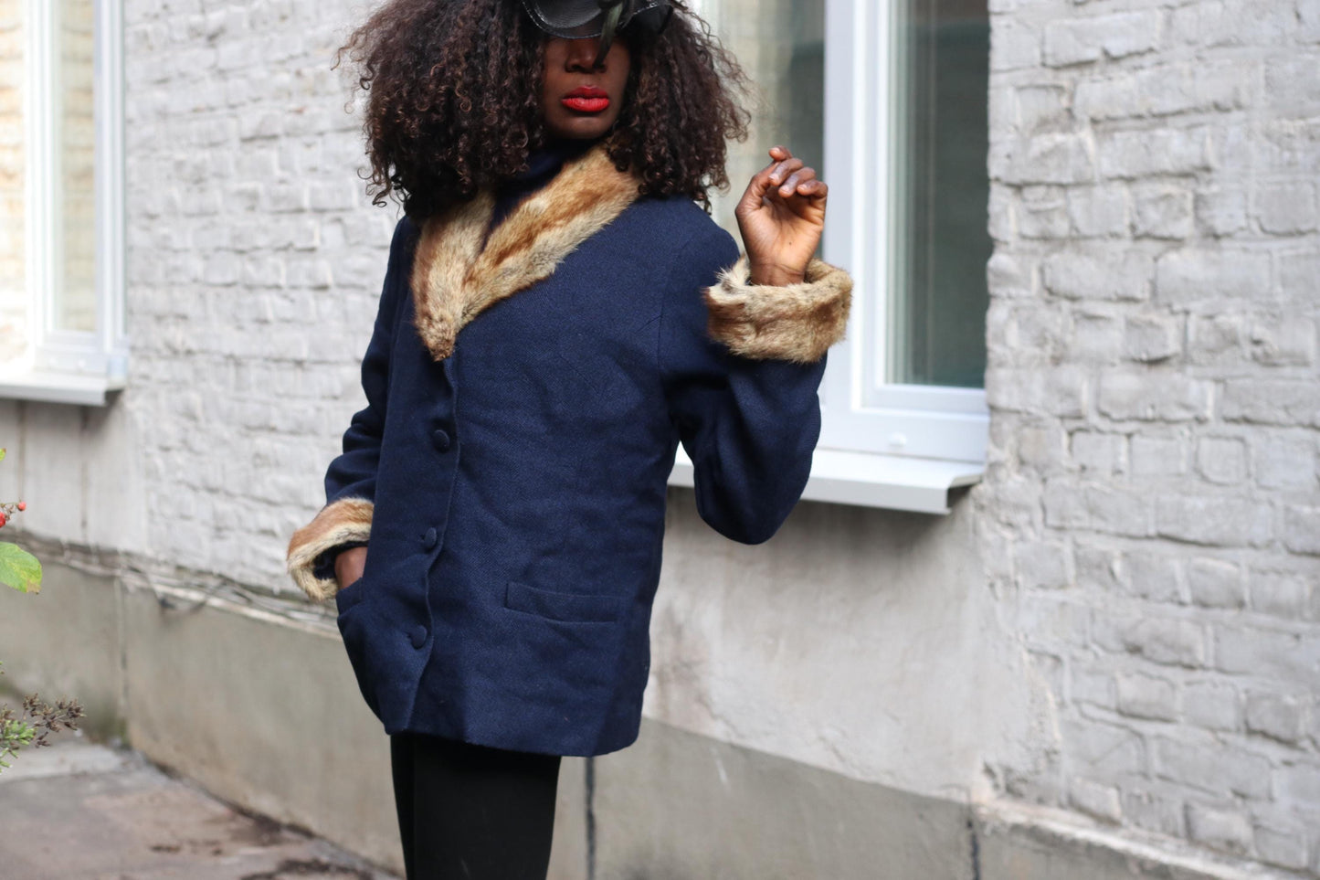 70s Fur Lined Navy Blazer | Vintage Feminine Tailored Jacket with Fur Collar| Women's Winter Jacket Made in Finland