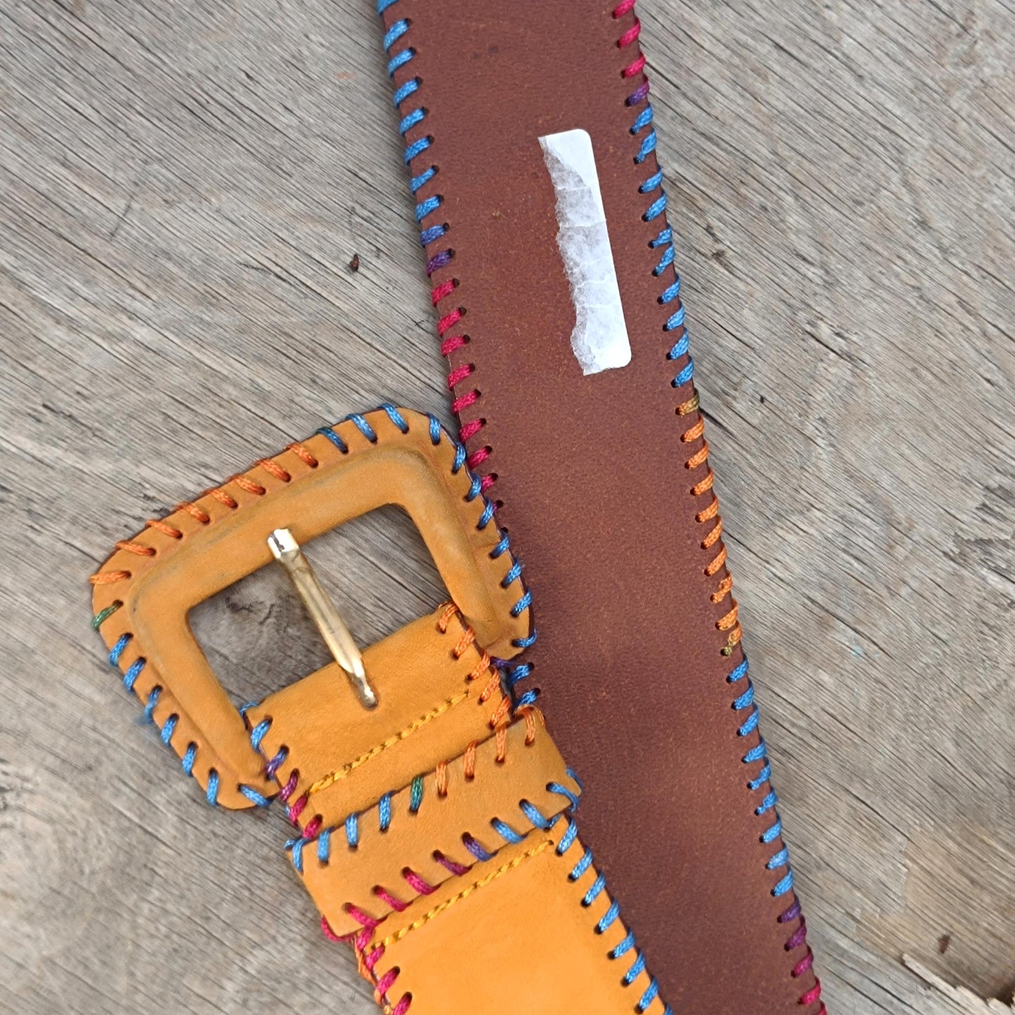 Vintage Mustard Yellow Suede Belt Colorful Whipstitch Embroidery Boho Leather Waist Belt