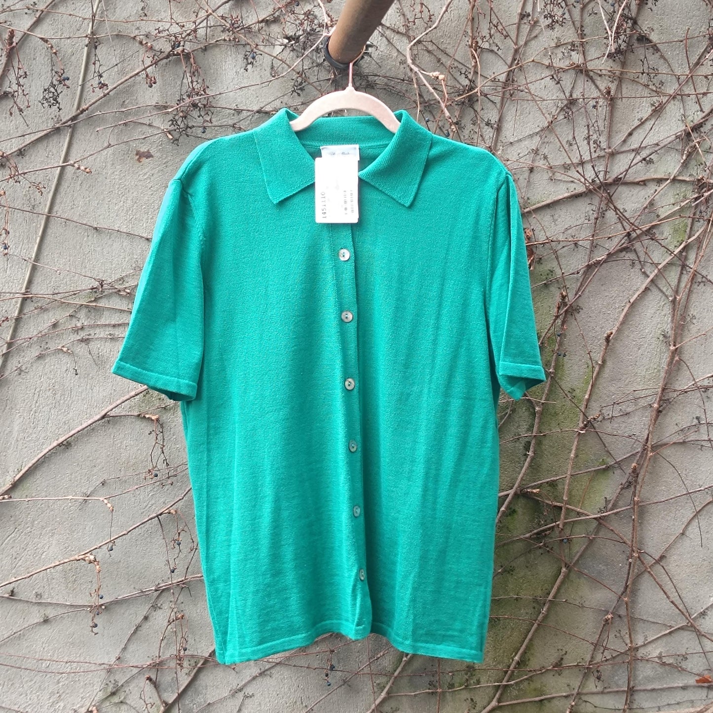 Vintage Deadstock Green Virgin Wool Cotton Polo Knit Cardigan Size M-L