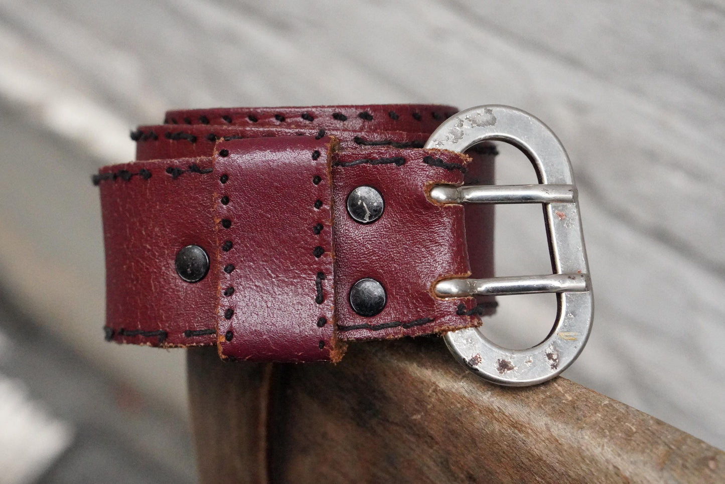 Vintage Burgundy Leather Belt| 80s Double Prong Silver Buckle Wide Red Boho Waist Belt