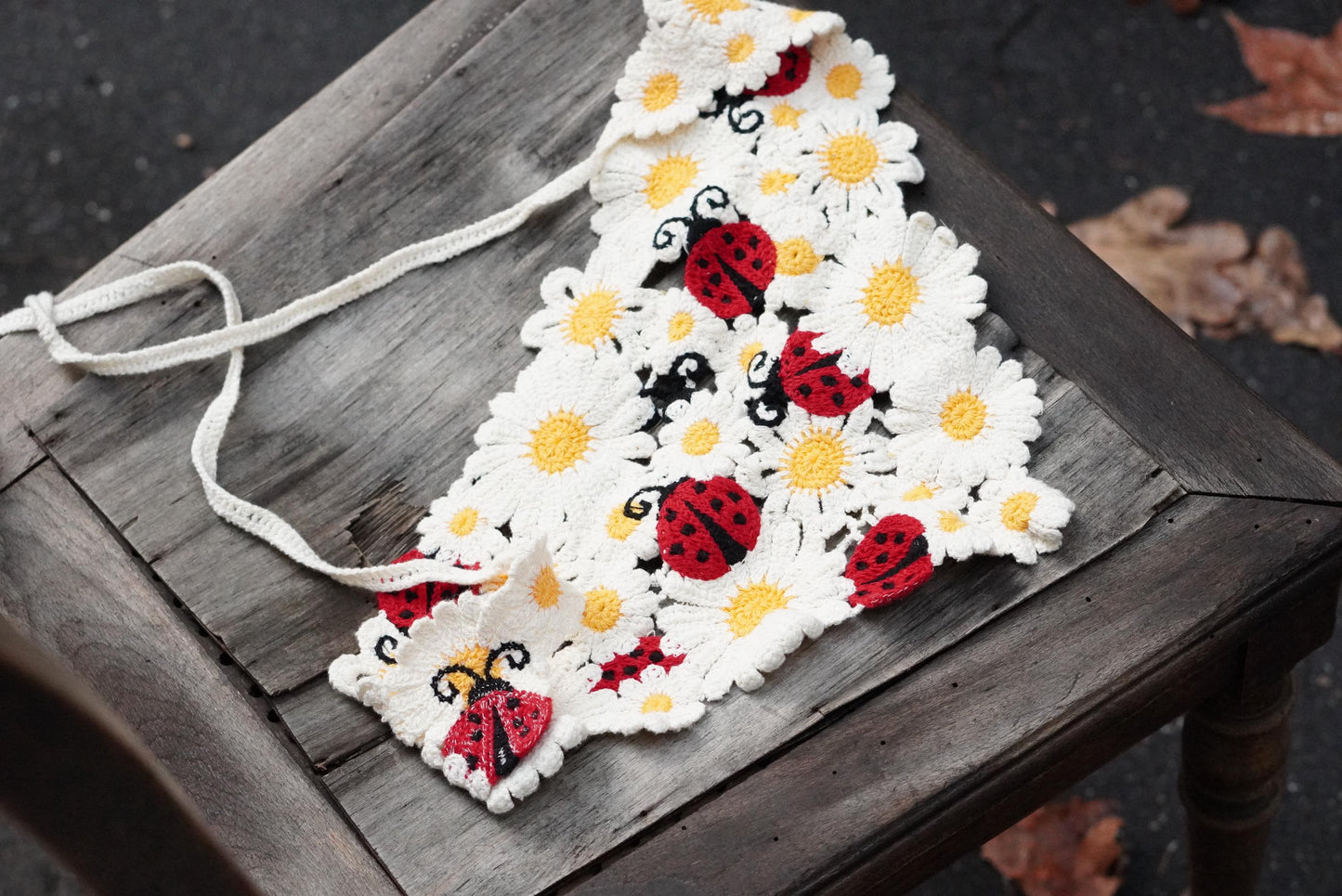 Vintage Crochet Daisy Bandana with Ladybugs | Handmade Flower Hair Kerchief Cottagecore Wrap