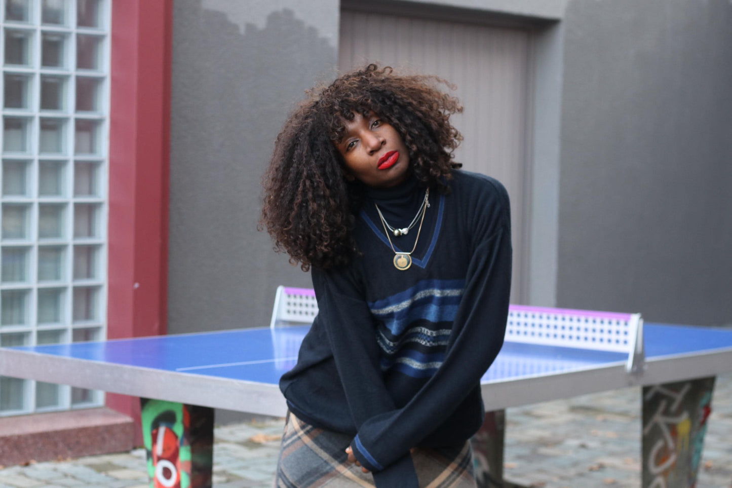 Vintage Navy Striped Sweater Oversized 90s V-Neck Pullover Knit Blue Geometric