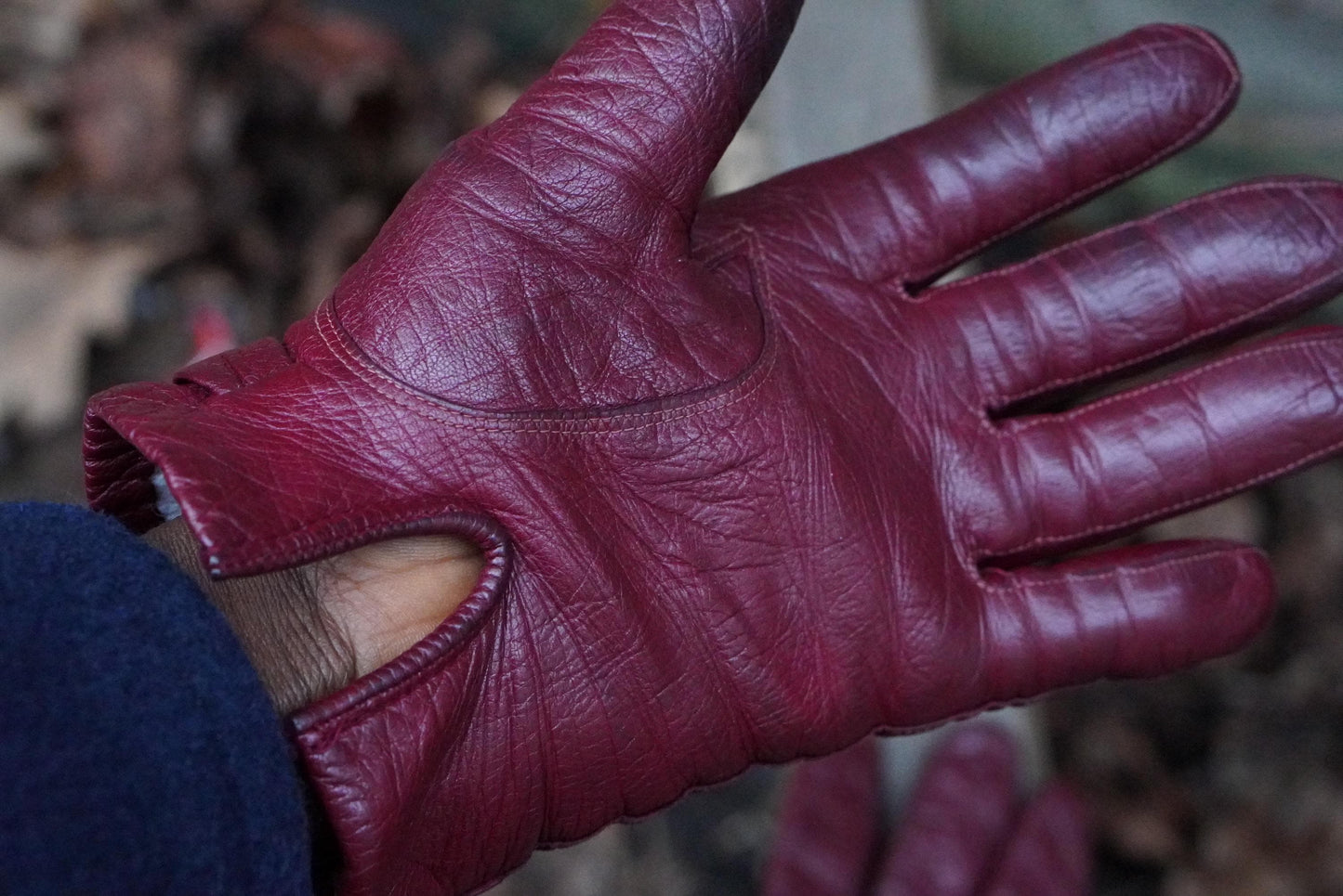 Vintage Burgundy Leather Gloves l| 90s Oxblood Pebbled Leather Knit Lined Winter