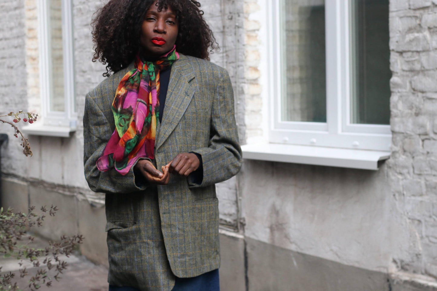 Vintage Floral Scarf| 80s Bold Pink Green Abstract Print Painterly Artistic Wrap