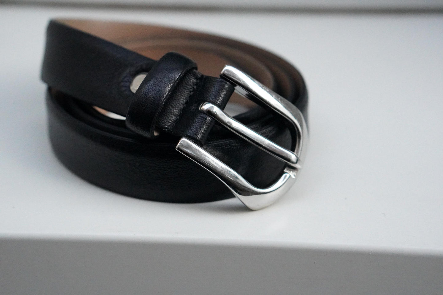 Vintage Black Leather Belt Made in Germany Silver Horsehoe Buckle Minimalist 85