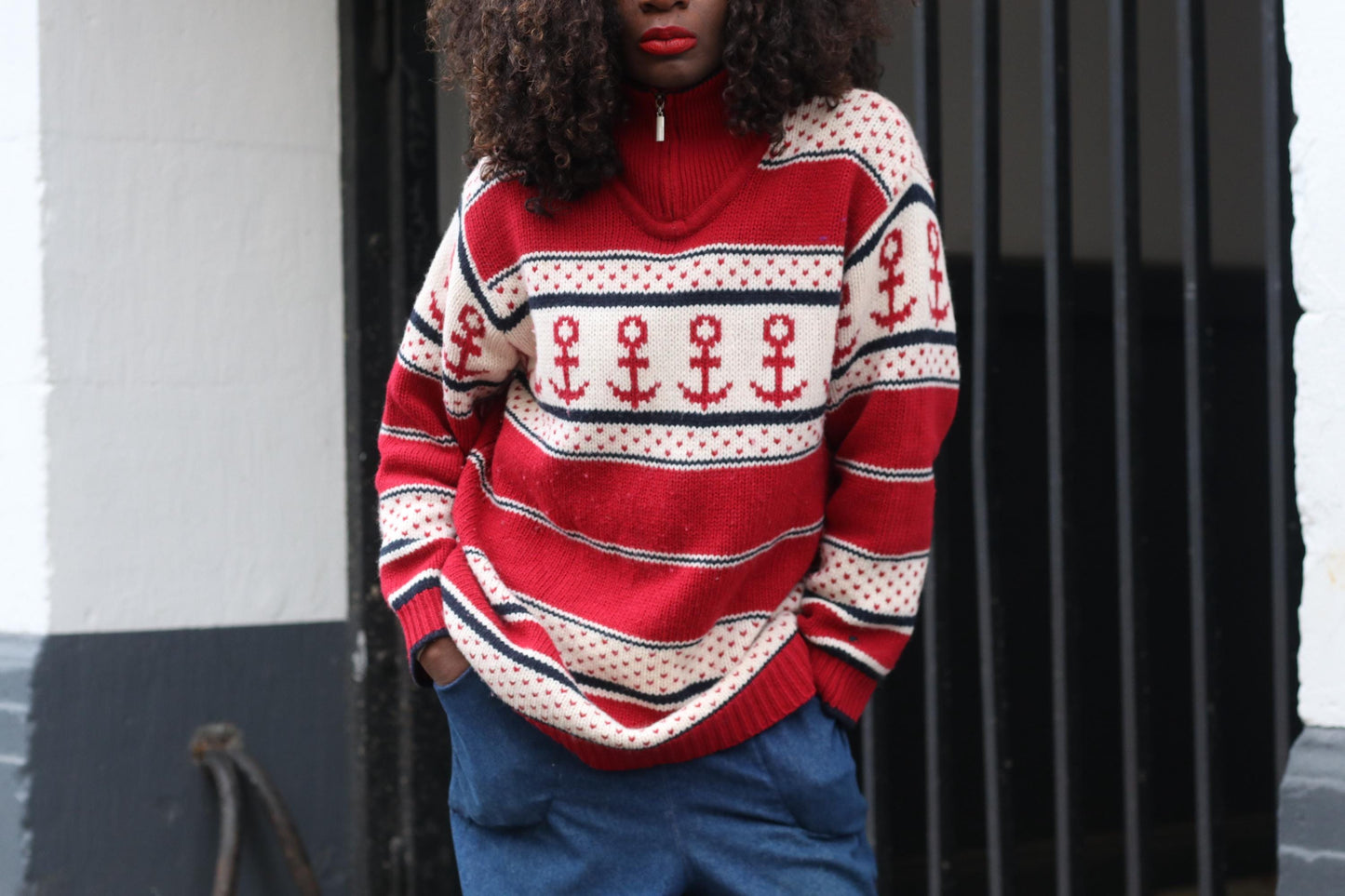 Vintage Nautical Anchor Sweater Red White Oversized Knit Pullover Quarter Zip XL