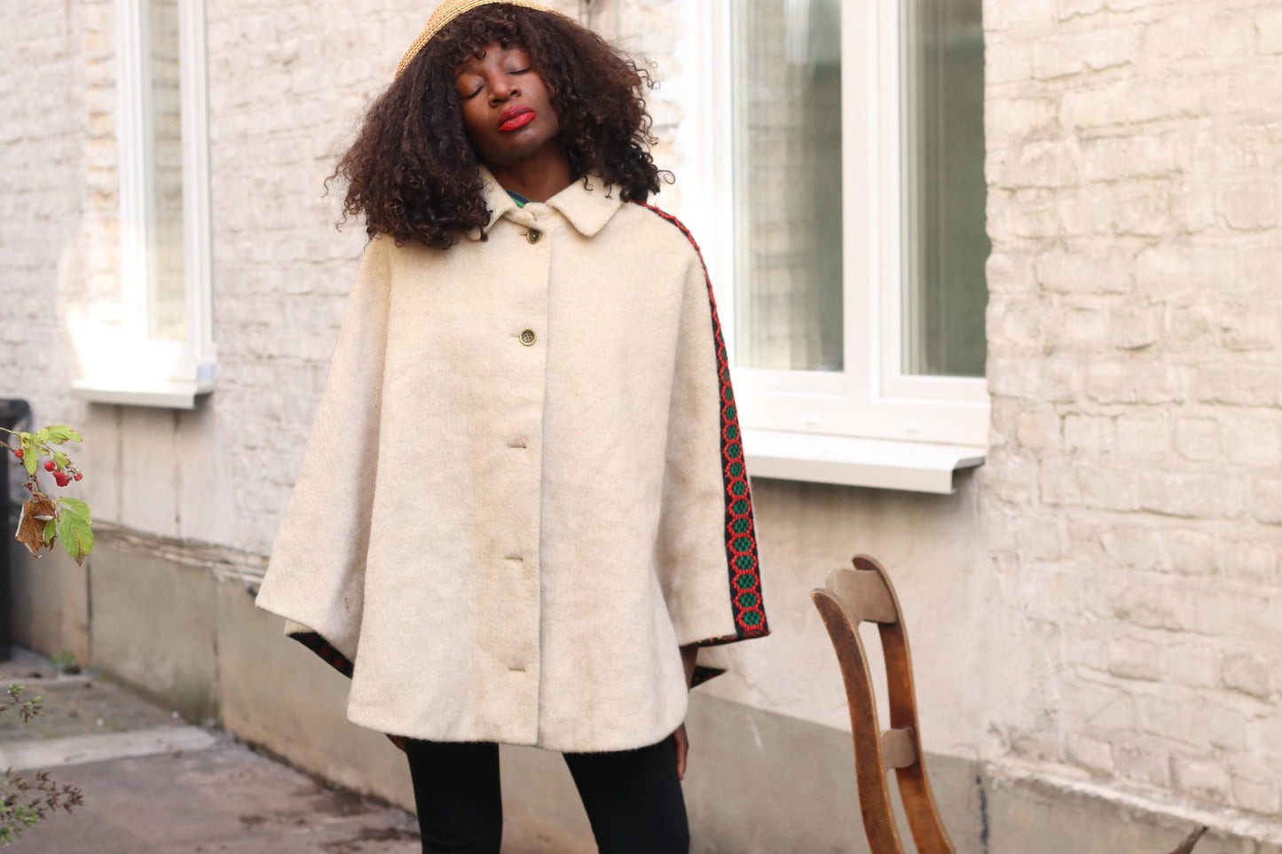 Vintage Mohair Wool Cape Cream Folk Embroidered Trim 60s 70s Poncho Coat