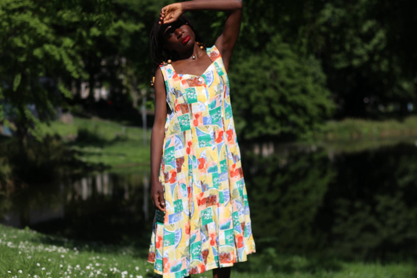90s Vintage Fruit Print Sundress - Viskose Patchwork Midi