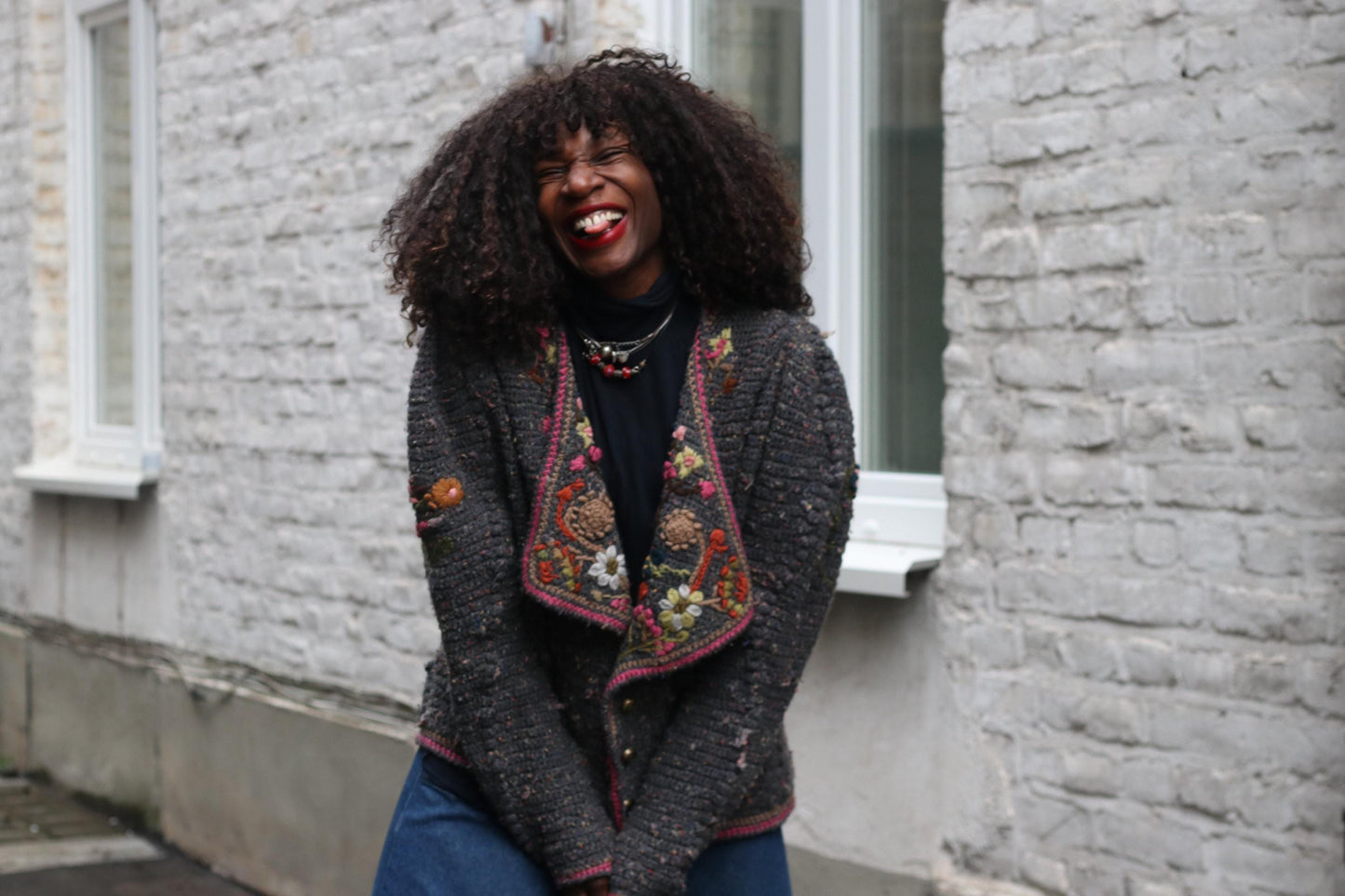 Vintage Hand Knitted Floral Cardigan Embroidered Wool Jacket Grey Boho Folk Sweater