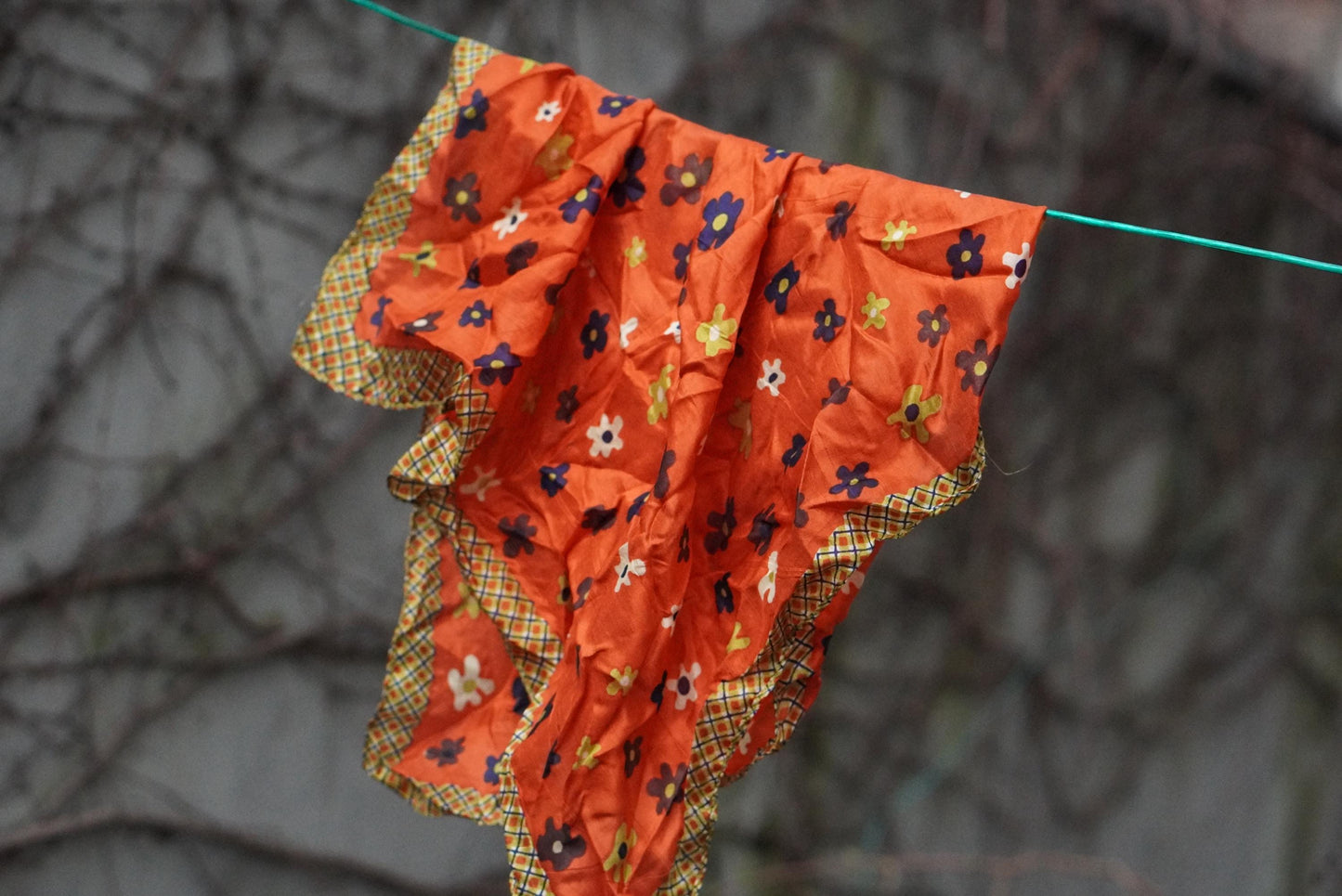 Vintage Silk Scarf Orange Floral 70s Mod Neck Head Wrap Flower Power Retro Square