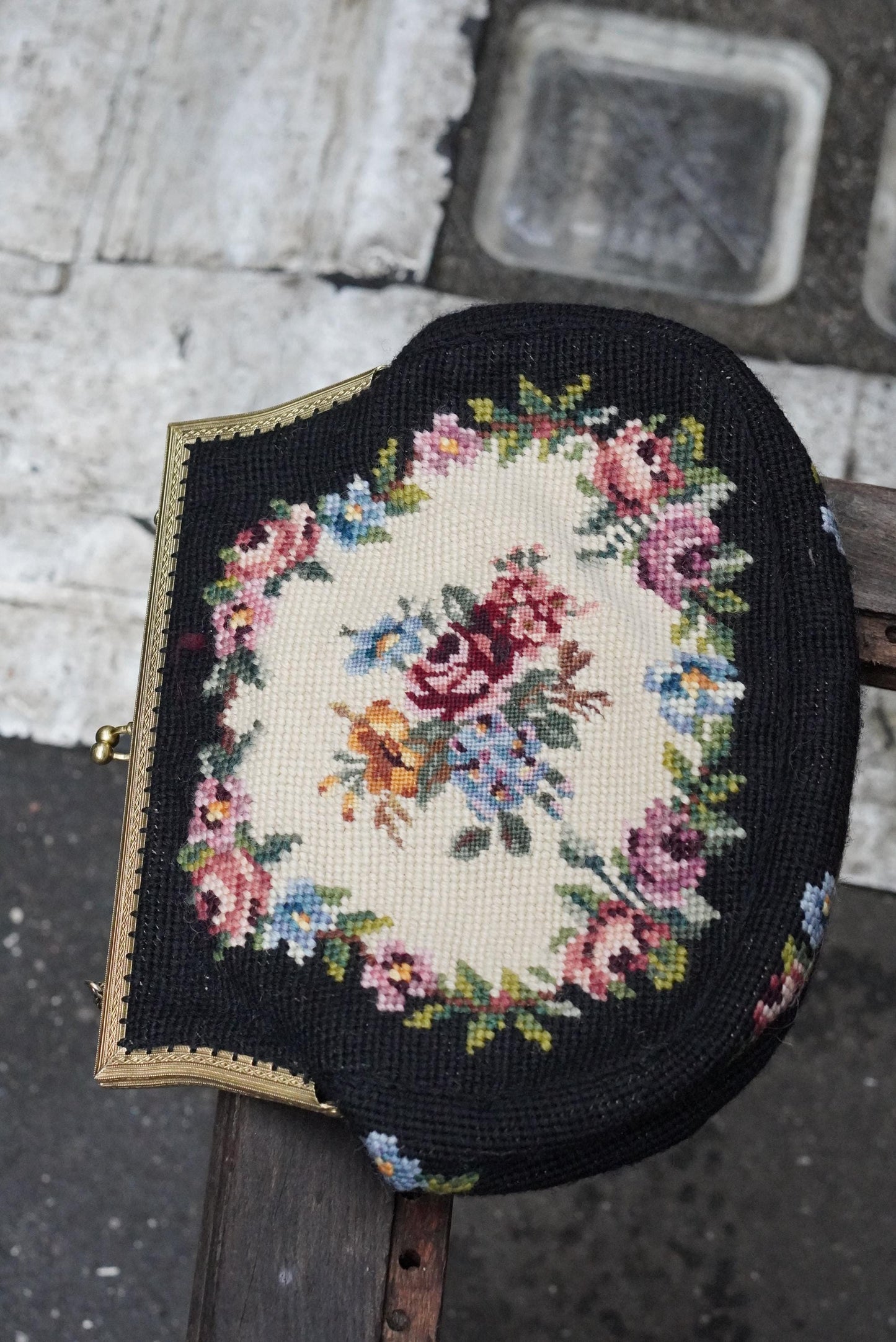 Vintage Needlepoint Handbag Floral Petit Point Purse Gold Tone Frame 1950s Evening