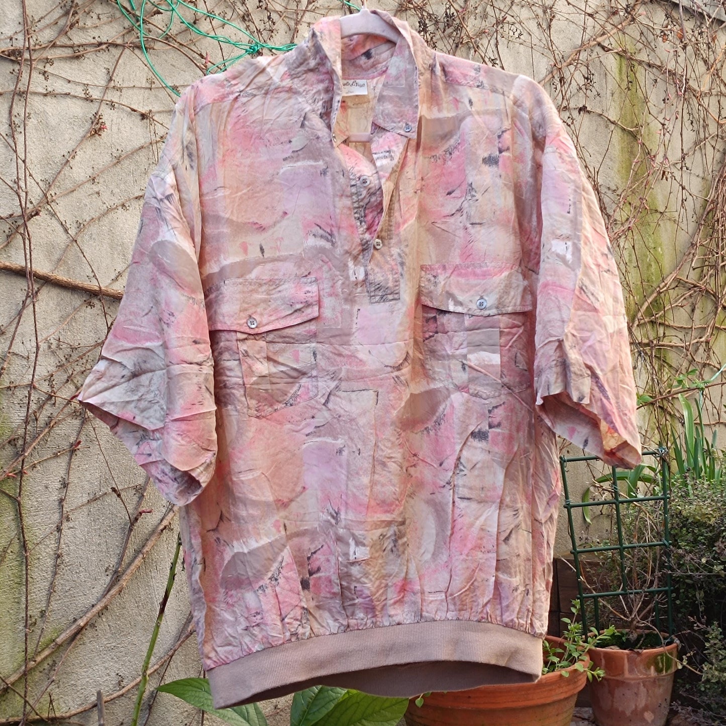 Vintage Silk Oversize Shirt Abstract Pattern Boho Loose Retro Blouse