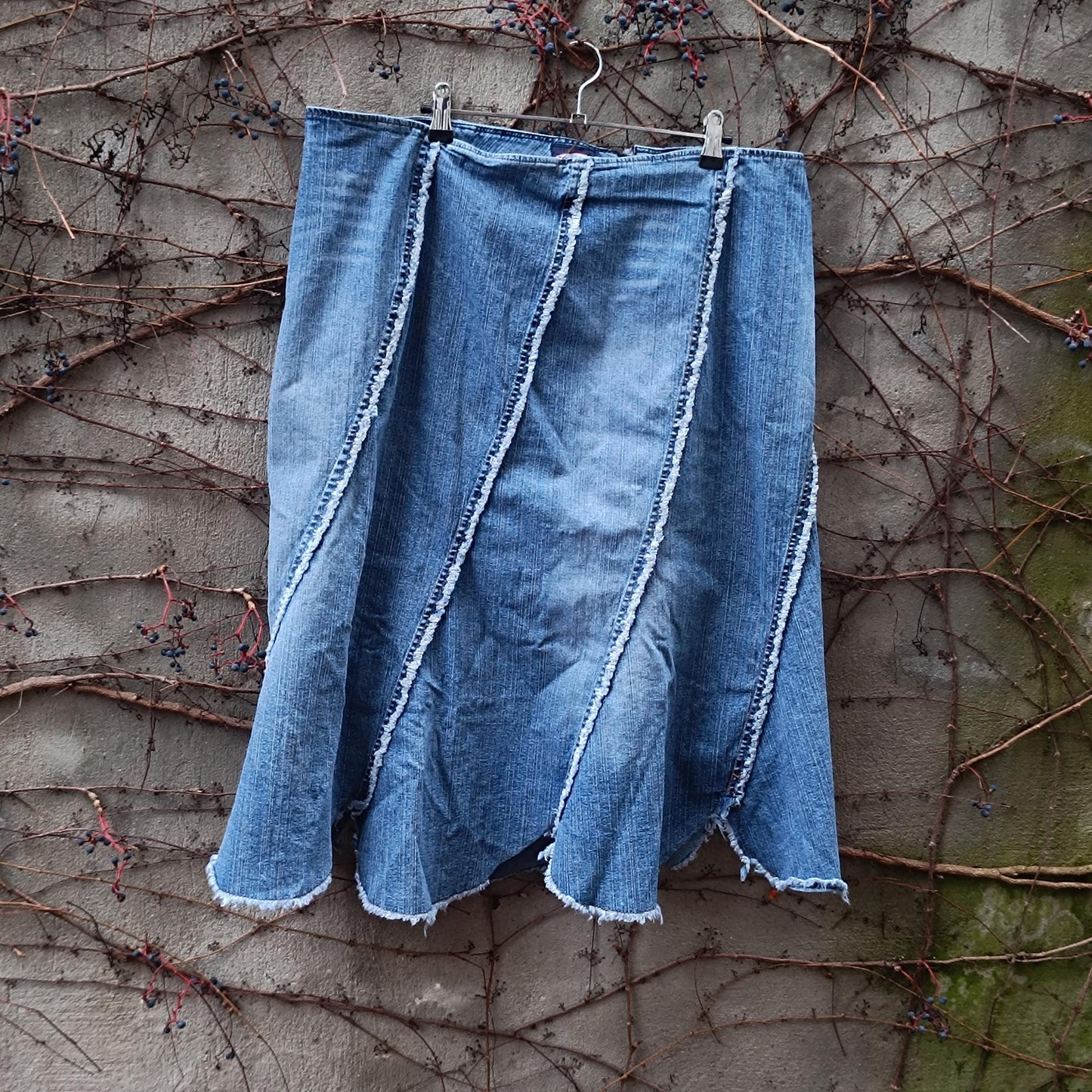 Vintage Denim Midi Skirt Deconstructed Asymmetrical Seam Blue Jean Skirt XL Plus Size