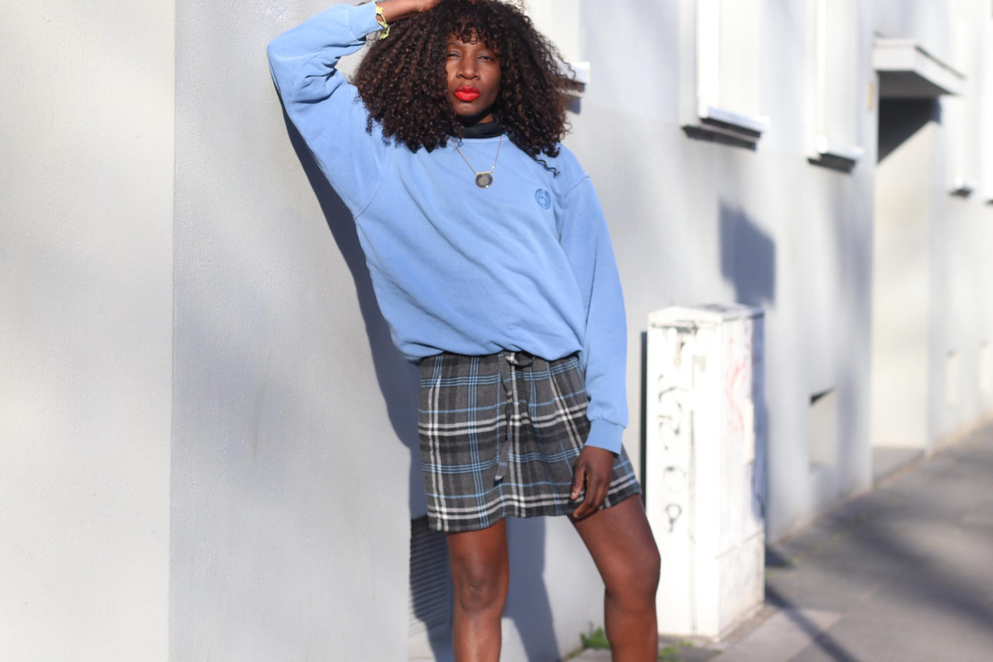 Vintage Blue Grey Plaid Mini Skirt: High Waisted Tartan A-Line