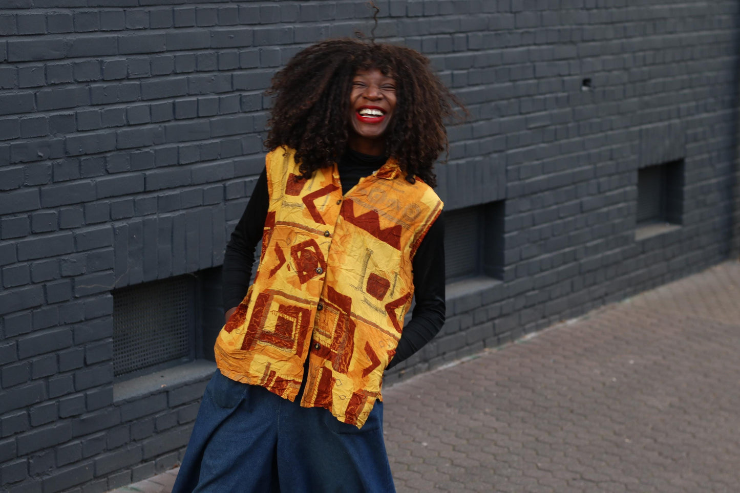 Vintage Print Vest Top Yellow Geometric Pattern Sleeveless Retro Art Vest
