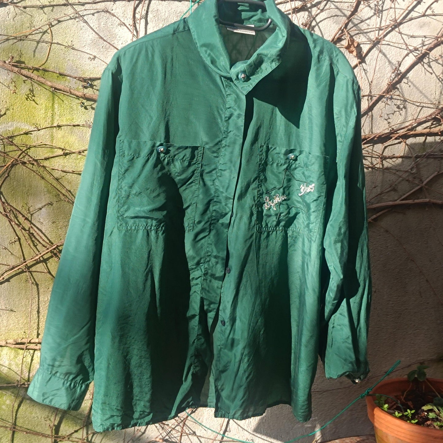 Oversized Silk Blouse Emerald Green 90s Vintage Shirt Embroidered Top L XL