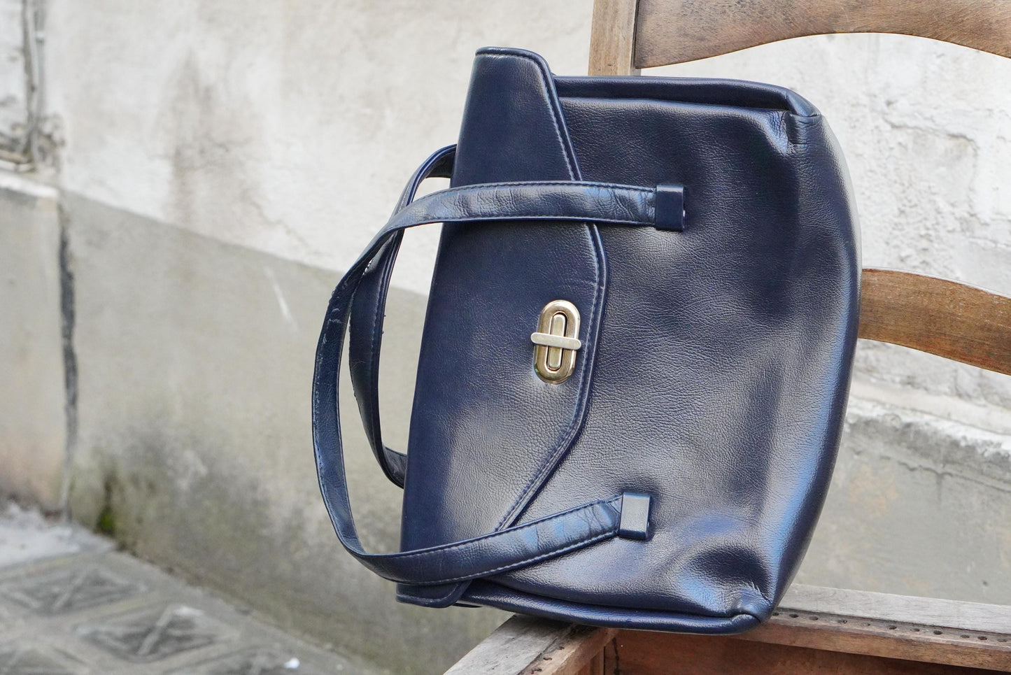 Navy Blue Top Handle Bag Vintage 60s Structured Satchel Gold Twist Lock Retro