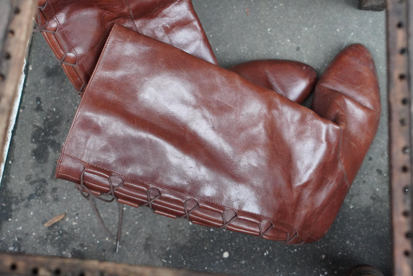 Vintage Brown Leather Slouch Boots, Lace Up Back, EU 37, Boho Pirate Style