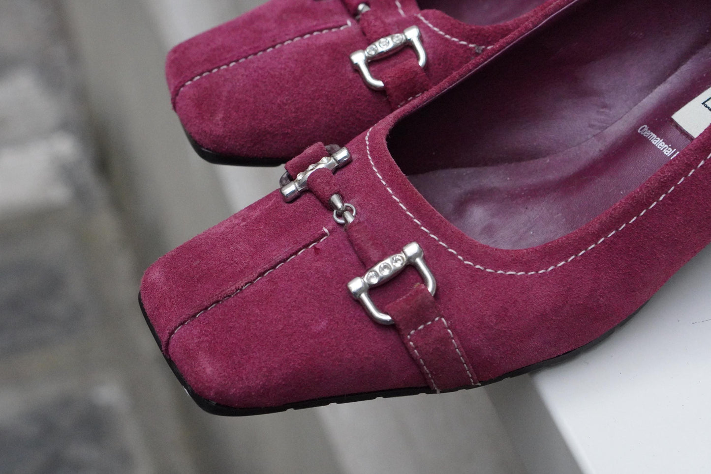 Vintage Magenta Pink Suede Heels| Square Toe Block Pumps| Genuine Leather Fuchsia Size 38