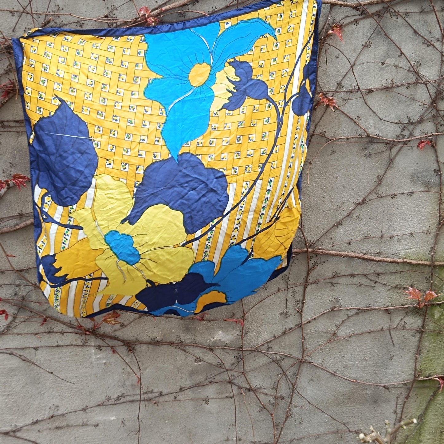 Vintage Floral Scarf Large Blue Yellow Flower Print Retro 70s Hair Accessory