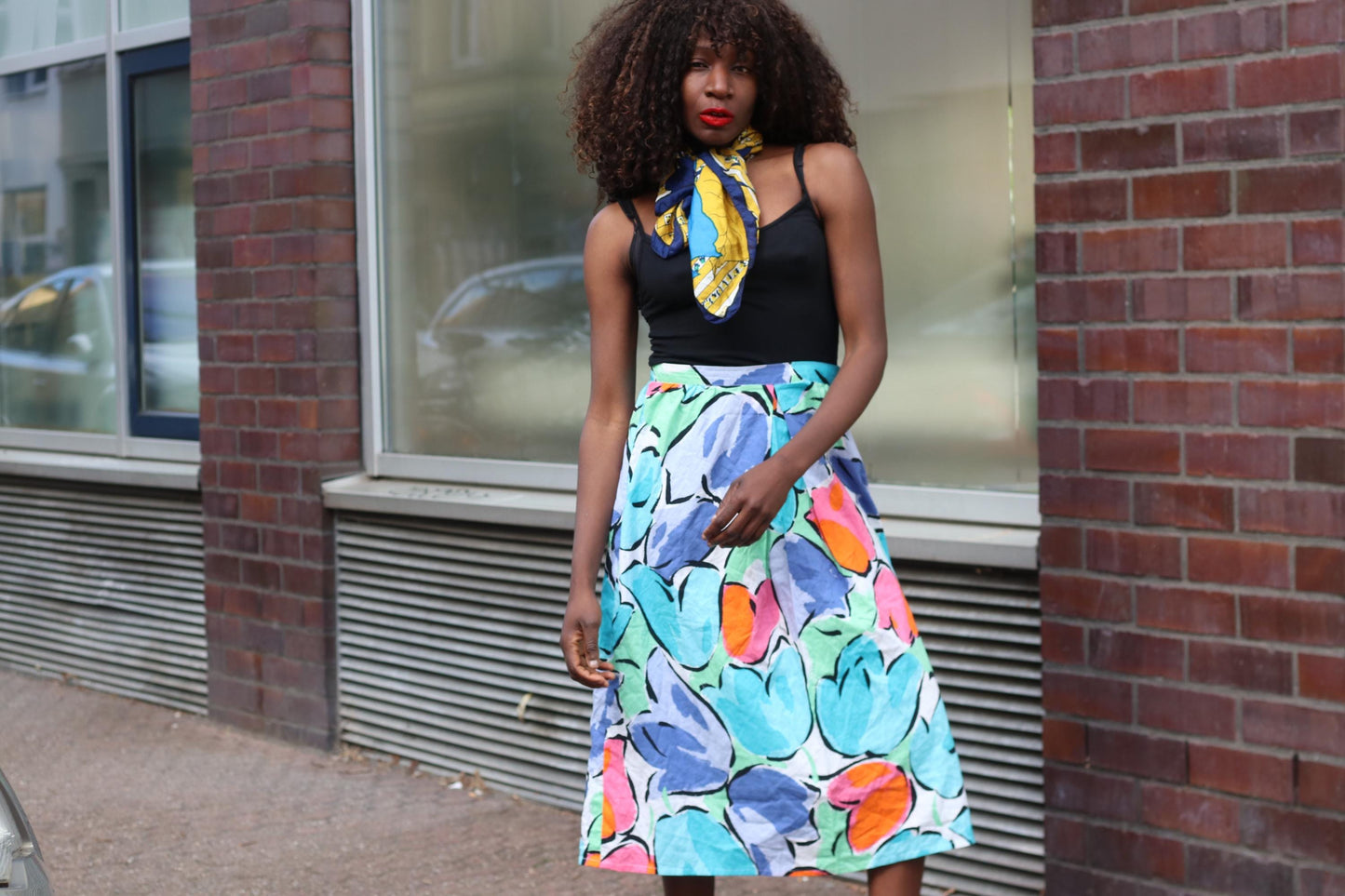 Vintage Floral Midi Skirt| 70s High Waisted Colorful Abstract Print A-Line Cotton