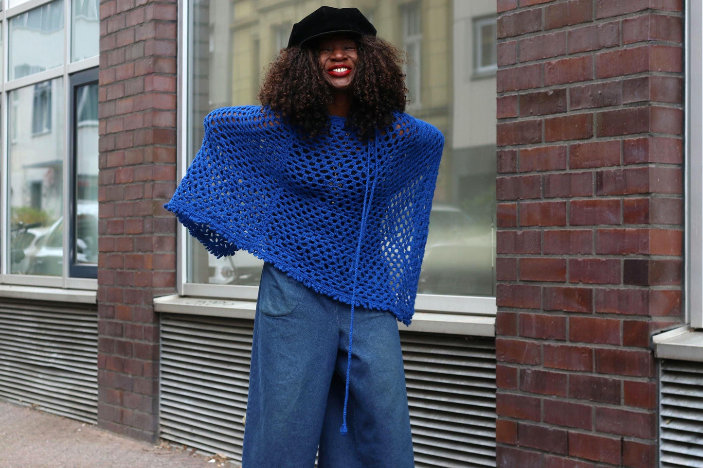 Blue Crochet Poncho Vintage Open Knit Mesh Cape Boho Festival Wrap Handmade Top
