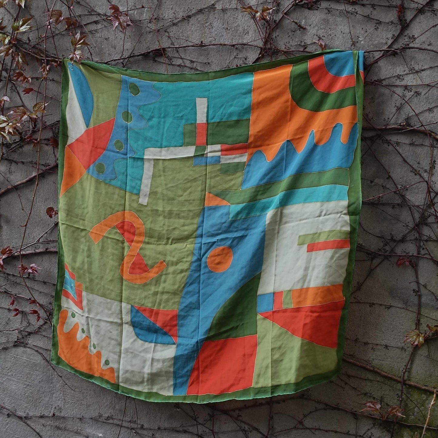 Vintage Hand Painted Silk Scarf Abstract Geometric Wearable Art Mid Century Style