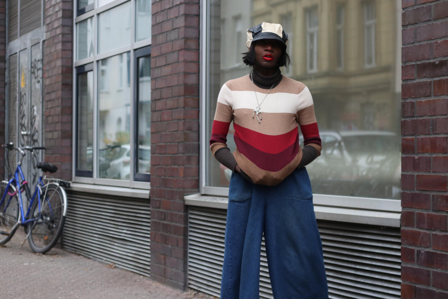 Striped Vintage Turtleneck Sweater 90s Earth Tone Knit Jumper Retro Striped Top