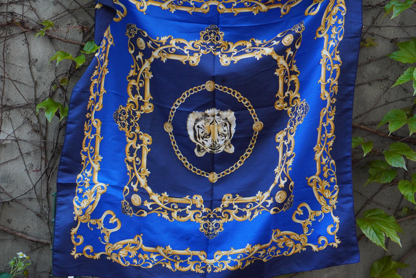Vintage Tiger Scarf | Royal Blue Gold Chain Print Necktie| Baroque Accessory