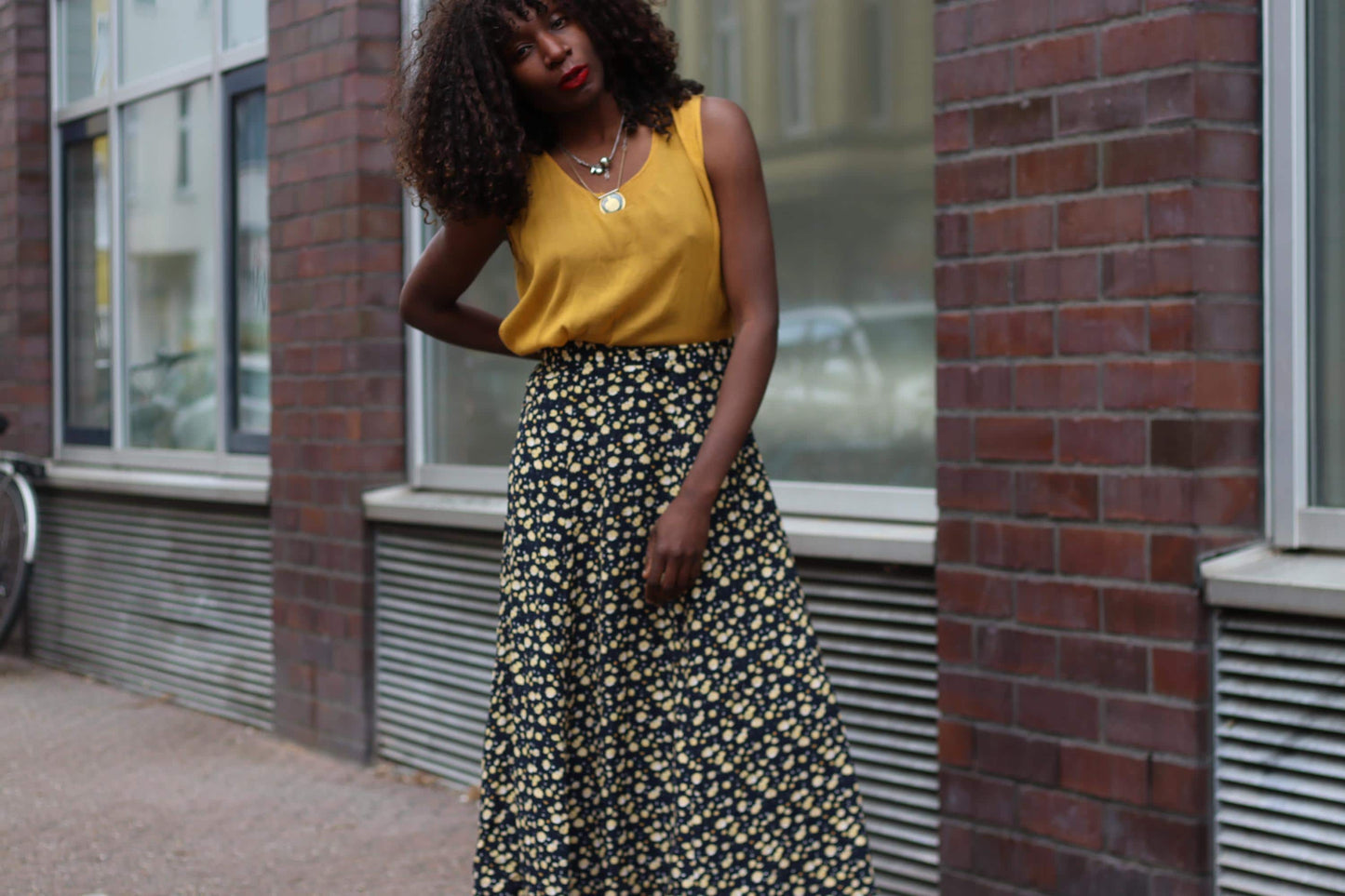 Vintage Floral Maxi Skirt Black and Yellow Ditsy Print 90s Boho High Waist Summer
