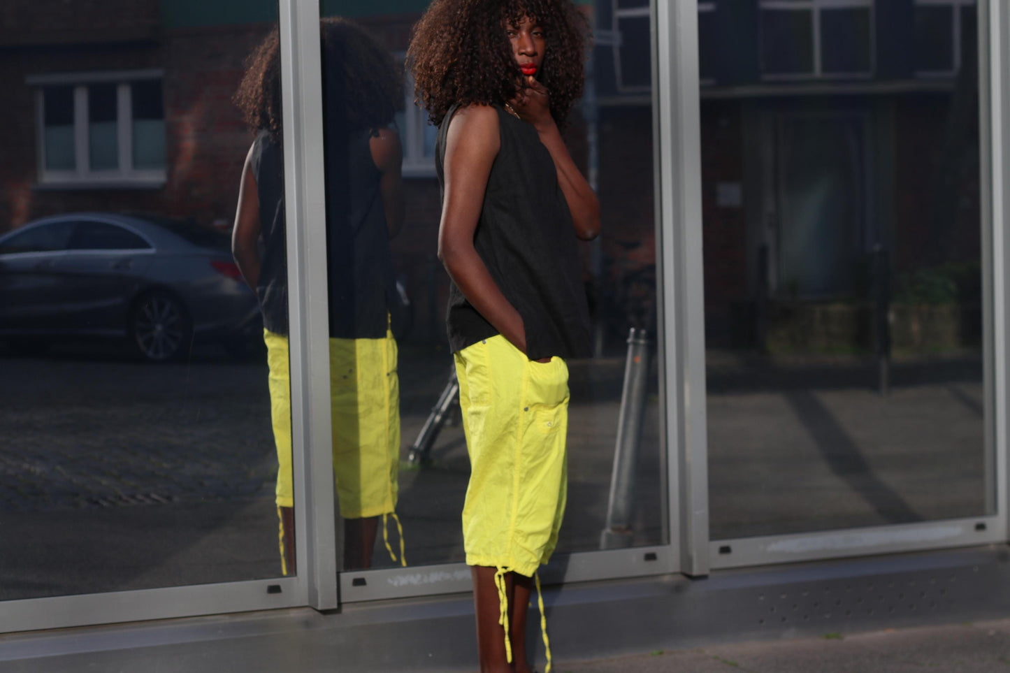 Neon Yellow Cargo Pants Vintage Cropped Trousers Y2K Capri Pants Utility Streetwear