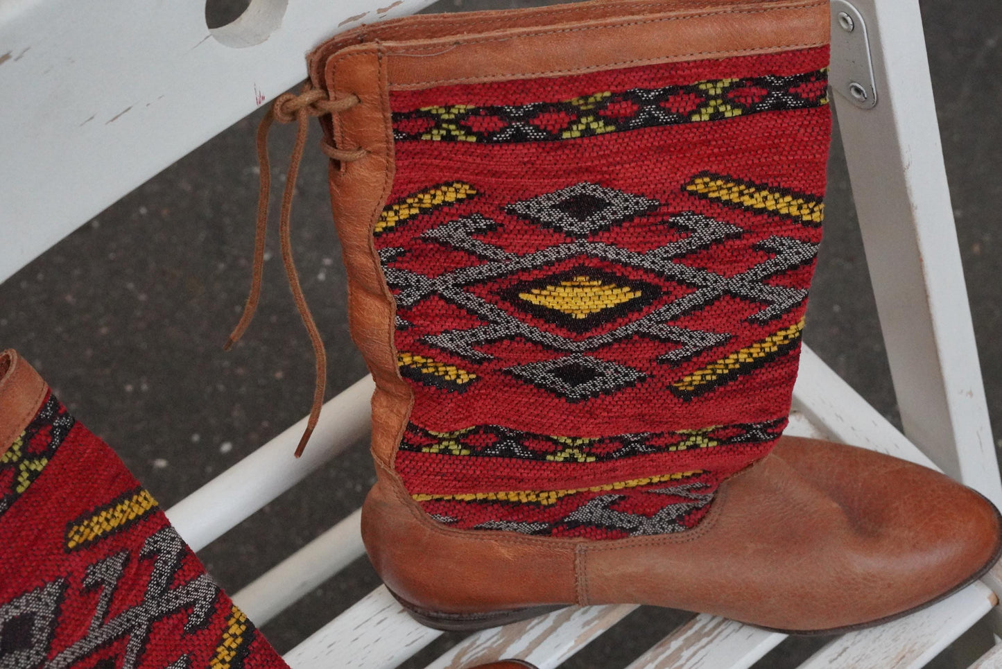 Vintage Kilim Leather Boots | Handwoven Wool Boho Western Shoes (EU 36)